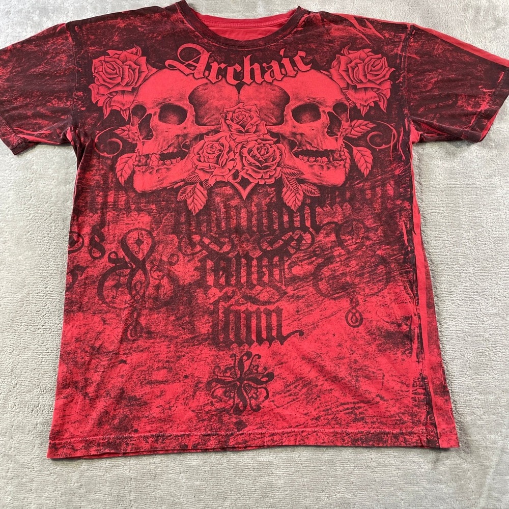 Archaic T Shirt Mens XL Red Black Skull Rose Graphic Y2K Gothic Grunge Punk